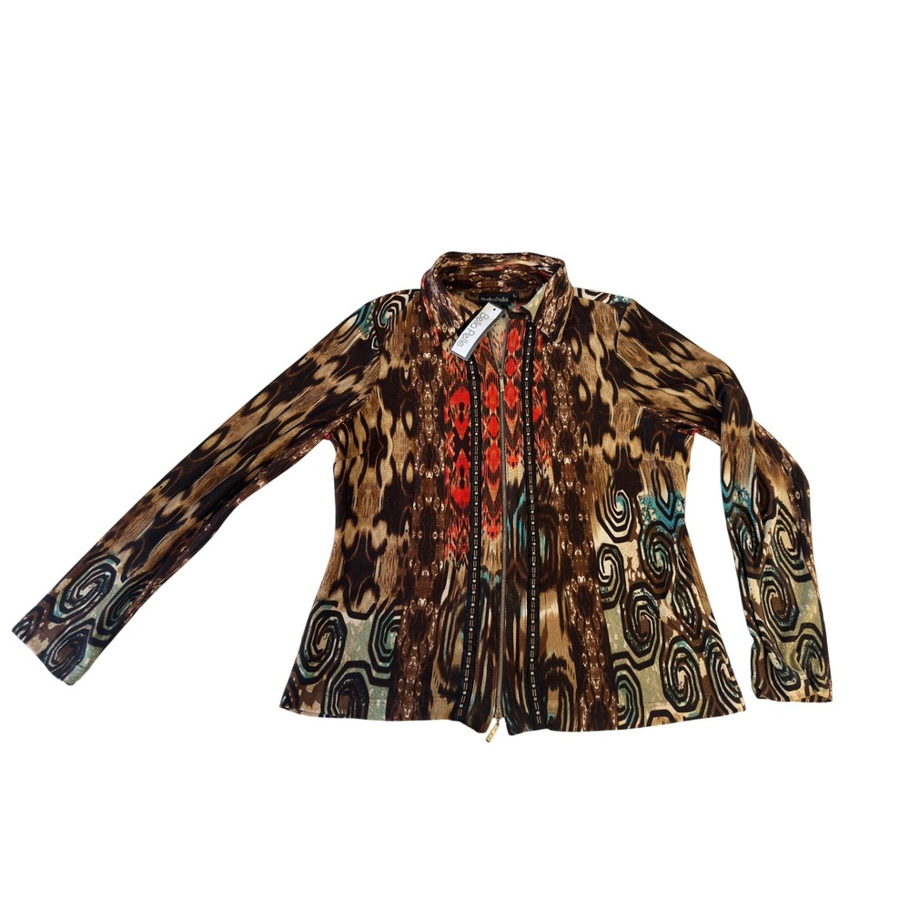 Bella Pelle‎ Womens Ikat Swirl Print Zip Up Top Rhinestone Studded  L KC